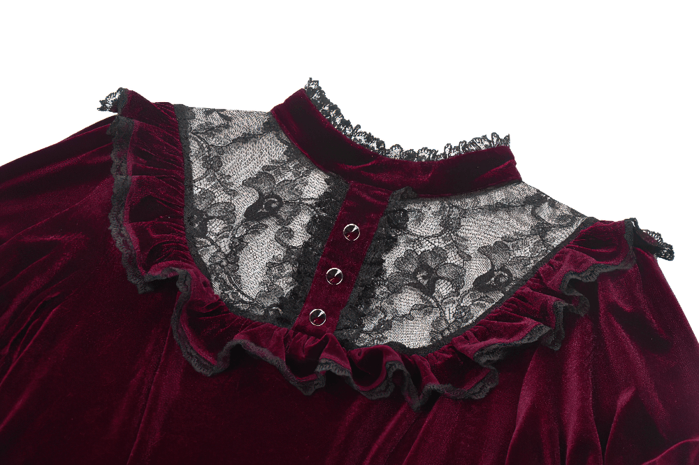 Gothic Burgundy Velvet Dress with Lace Trim and Puff Sleeves - image 7