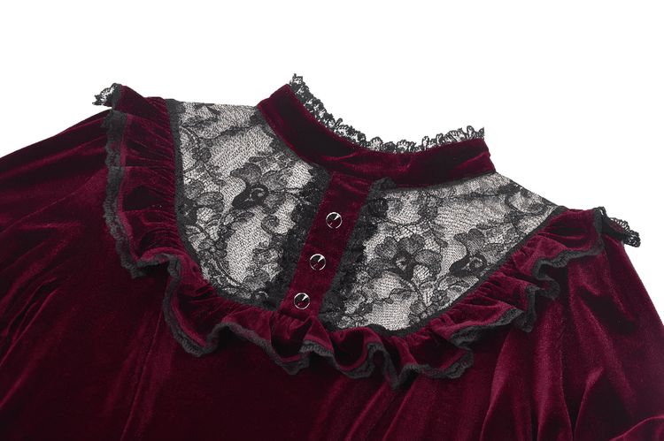 Gothic Burgundy Velvet Dress with Lace Trim and Puff Sleeves - image 7