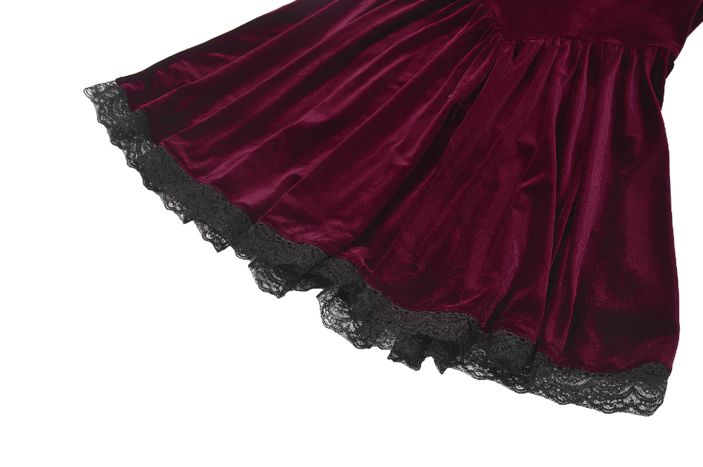 Gothic Burgundy Velvet Dress with Lace Trim and Puff Sleeves - image 8