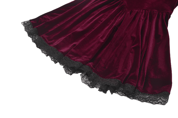 Gothic Burgundy Velvet Dress with Lace Trim and Puff Sleeves - image 8