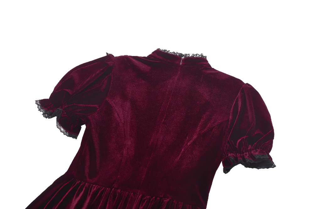 Gothic Burgundy Velvet Dress with Lace Trim and Puff Sleeves - image 9