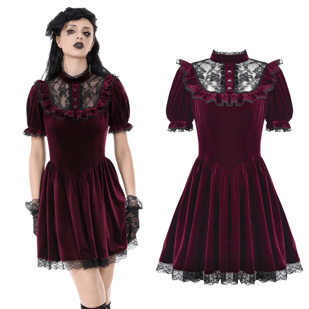 Gothic Burgundy Velvet Dress with Lace Trim and Puff Sleeves - image 3