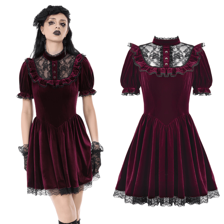 Gothic Burgundy Velvet Dress with Lace Trim and Puff Sleeves - image 3