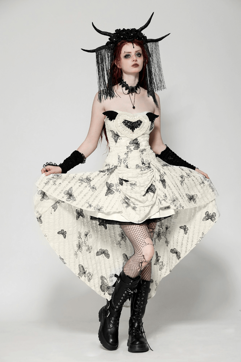 Gothic Butterfly Print Lace-Up Off-Shoulder Dress - image 15