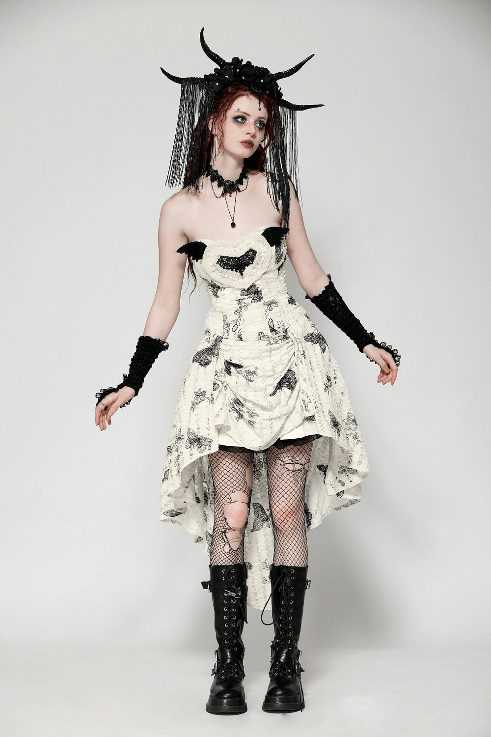 Gothic Butterfly Print Lace-Up Off-Shoulder Dress - image 14