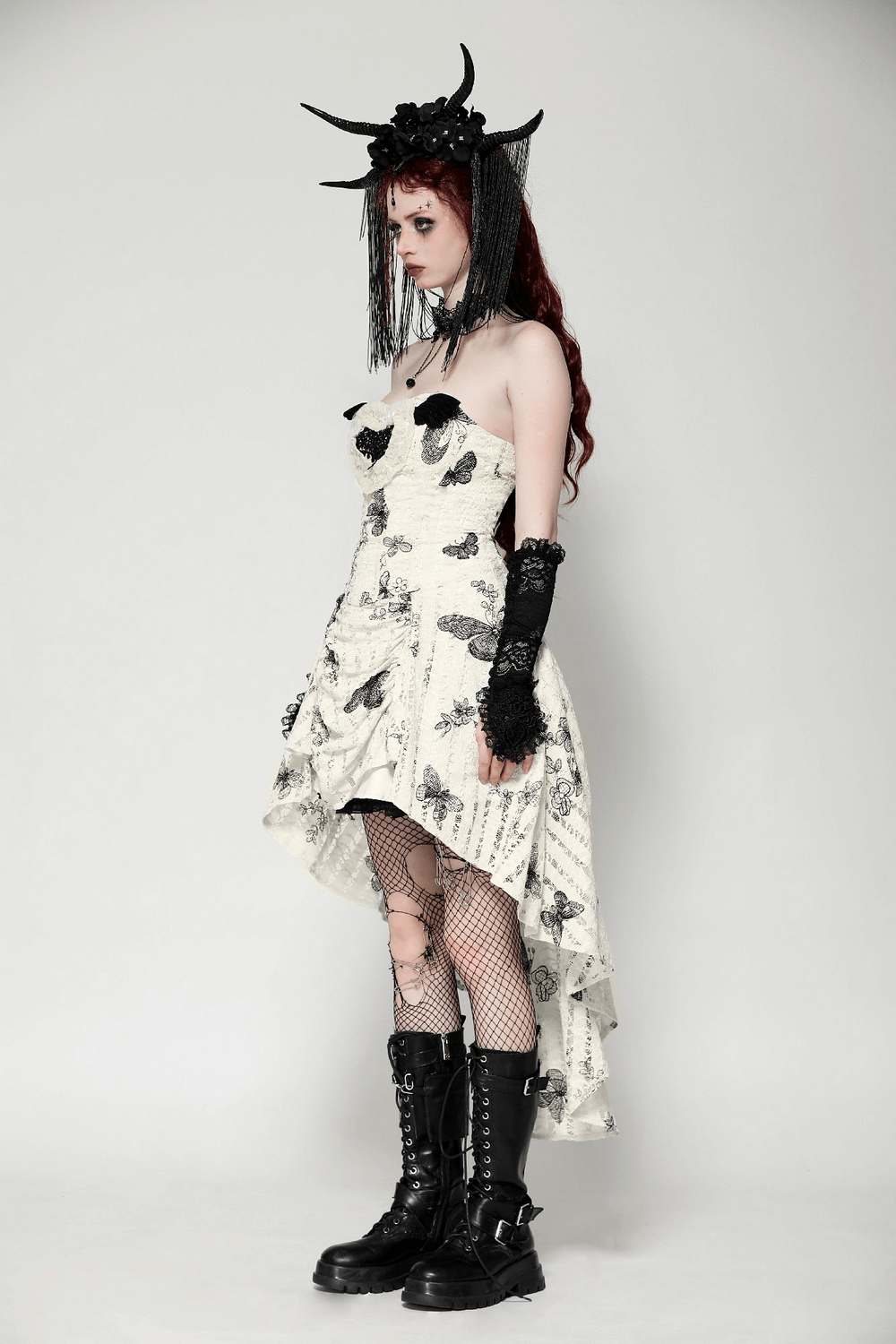 Gothic Butterfly Print Lace-Up Off-Shoulder Dress - image 11