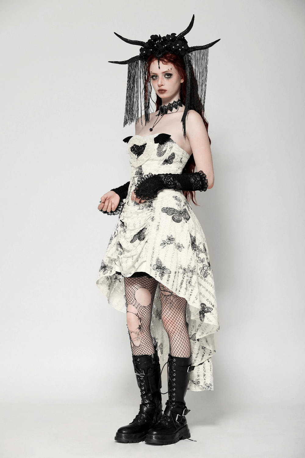 Gothic Butterfly Print Lace-Up Off-Shoulder Dress - image 13
