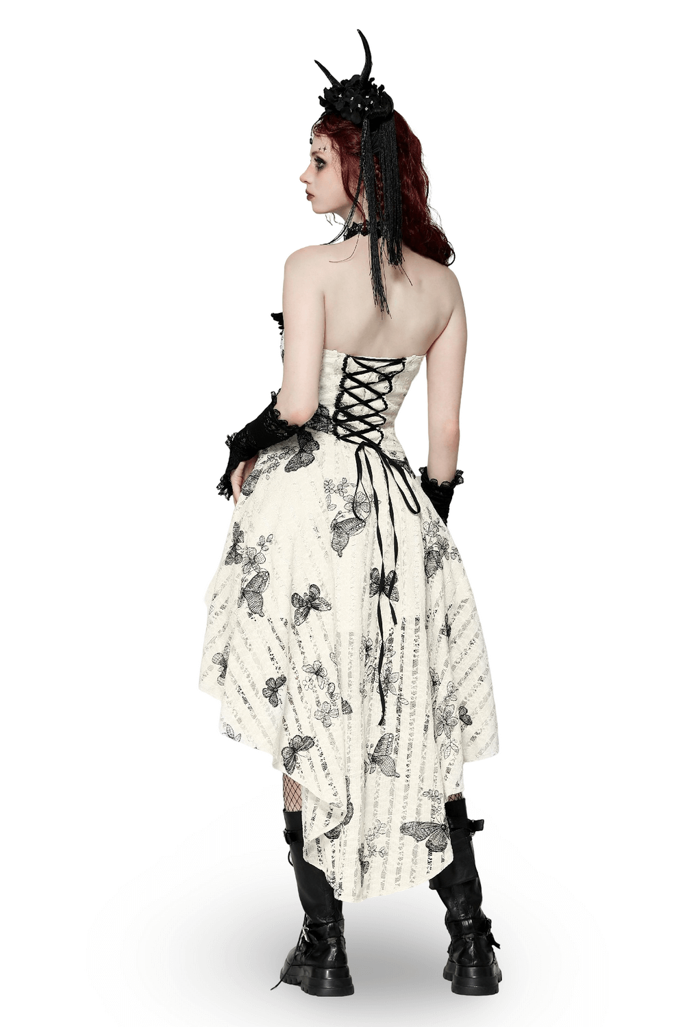 Gothic Butterfly Print Lace-Up Off-Shoulder Dress - image 2
