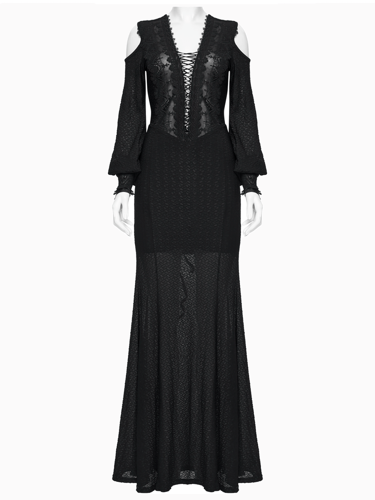 Gothic Cold Shoulder Lace Mesh Maxi Dress with Corset - image 4