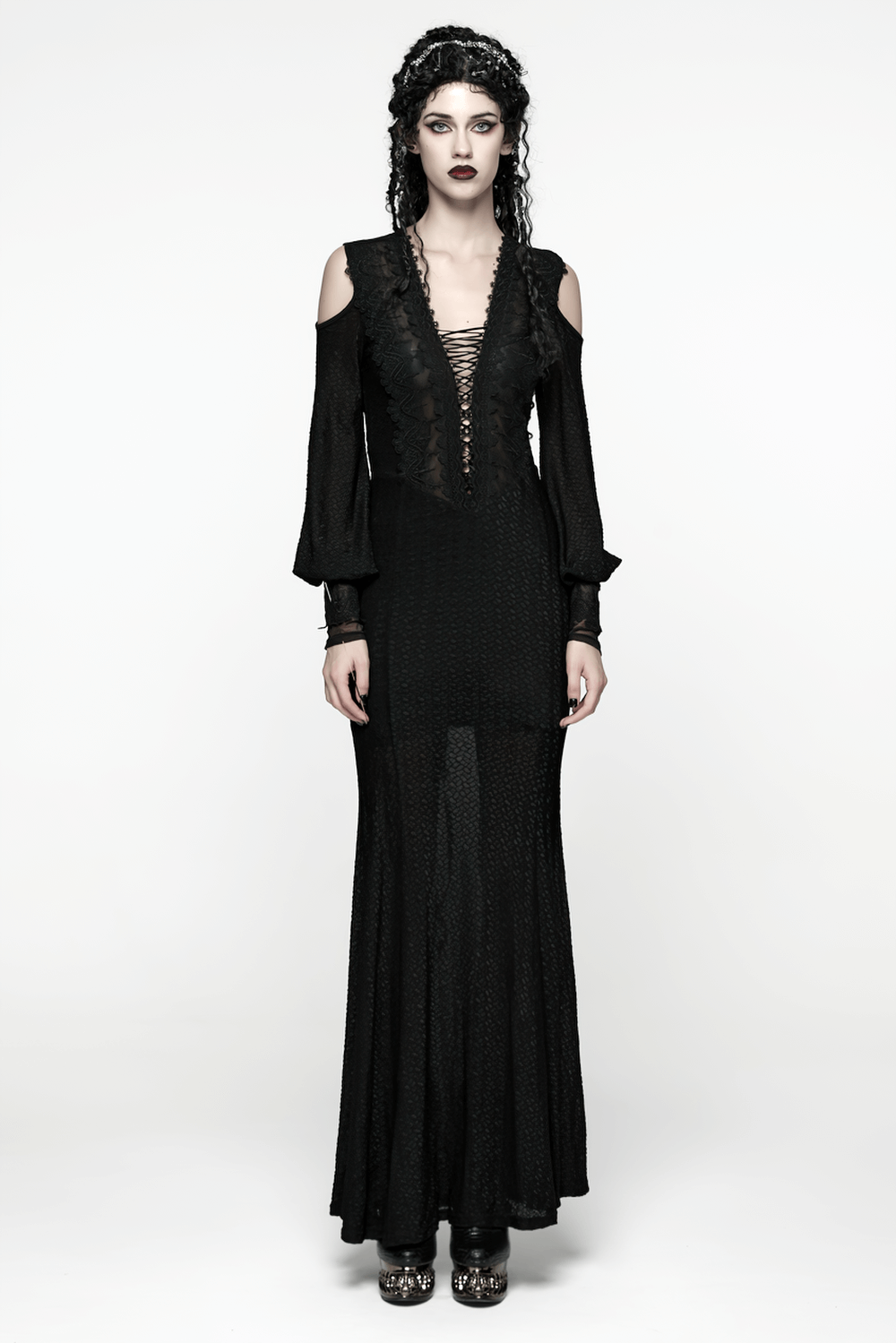 Gothic Cold Shoulder Lace Mesh Maxi Dress with Corset - image 12