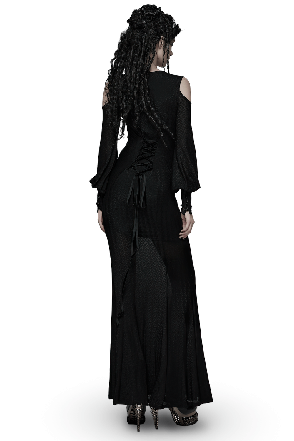 Gothic Cold Shoulder Lace Mesh Maxi Dress with Corset - image 2