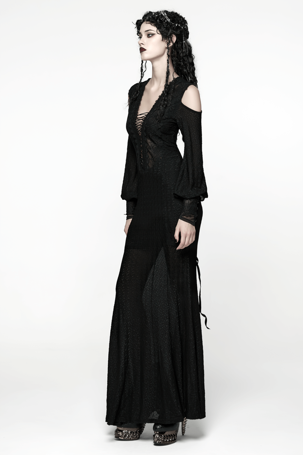 Gothic Cold Shoulder Lace Mesh Maxi Dress with Corset - image 13