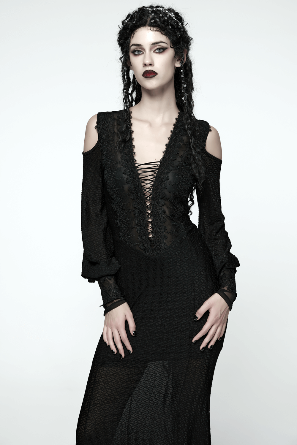 Gothic Cold Shoulder Lace Mesh Maxi Dress with Corset - image 11