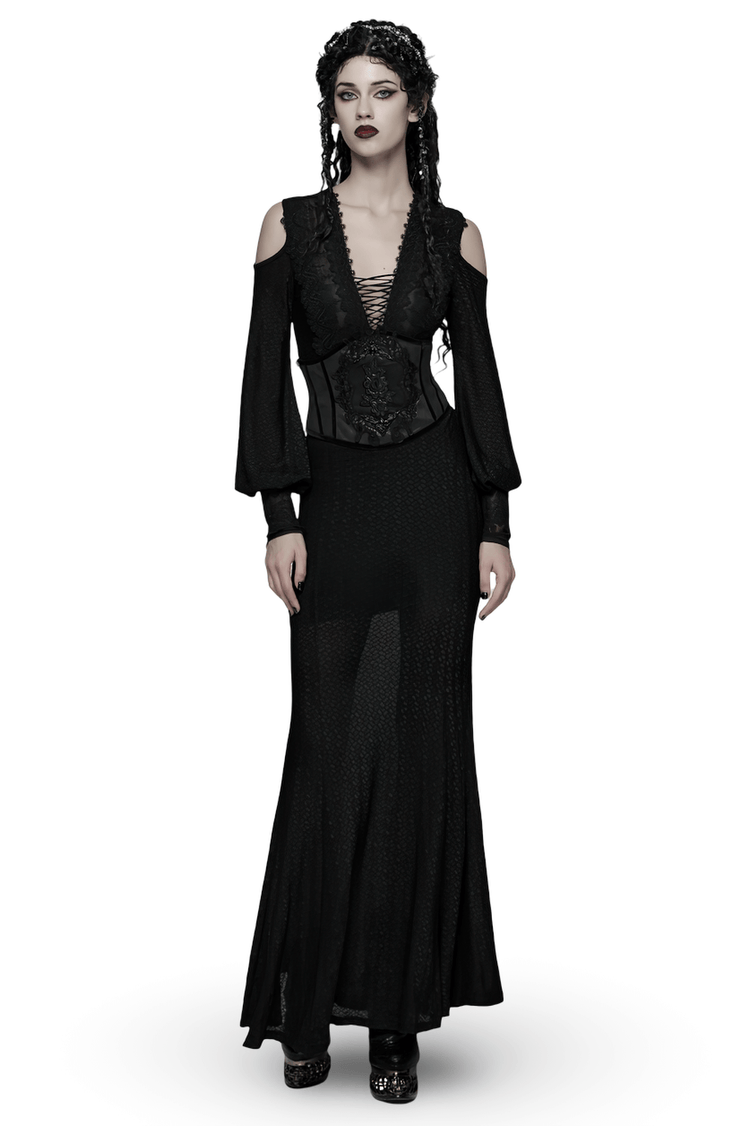 Gothic Cold Shoulder Lace Mesh Maxi Dress with Corset - image 1