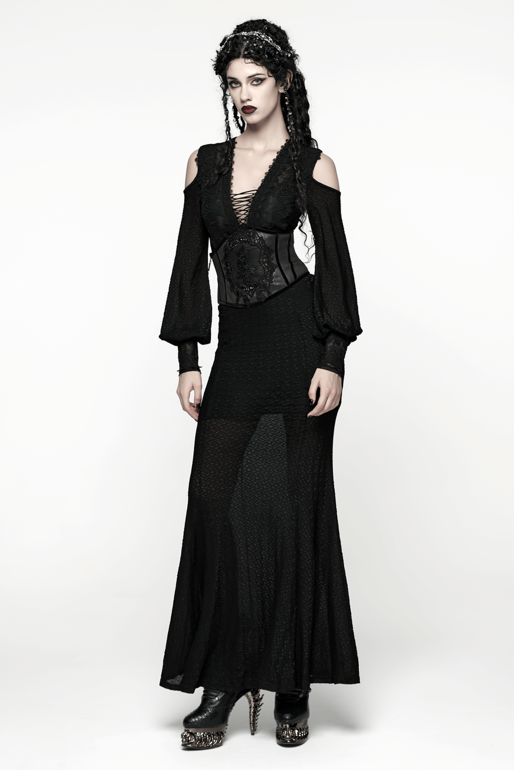 Gothic Cold Shoulder Lace Mesh Maxi Dress with Corset - image 14