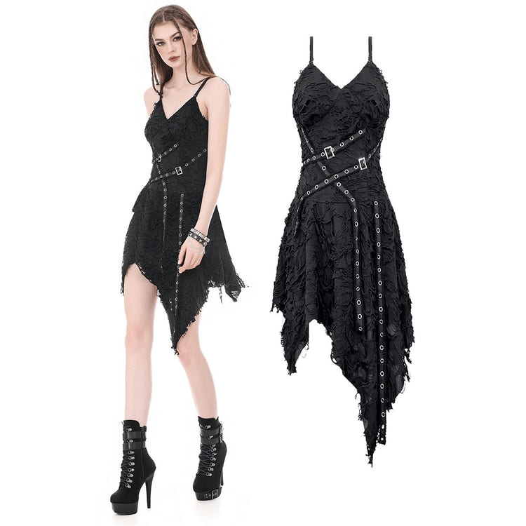Black gothic asymmetric dress with distressed texture, buckle straps and metal eyelets.