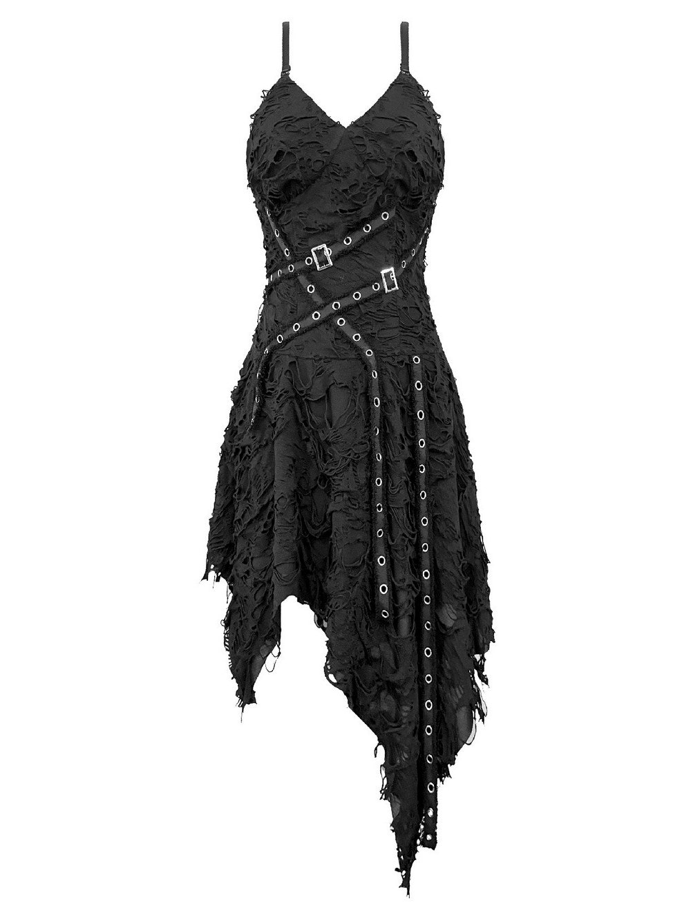 Black punk dress with shredded texture and asymmetric hem.