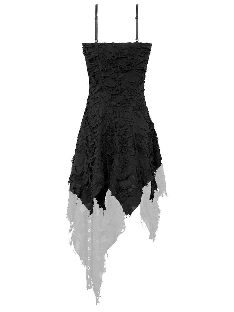 Gothic dress with distressed texture and dramatic handkerchief hem.