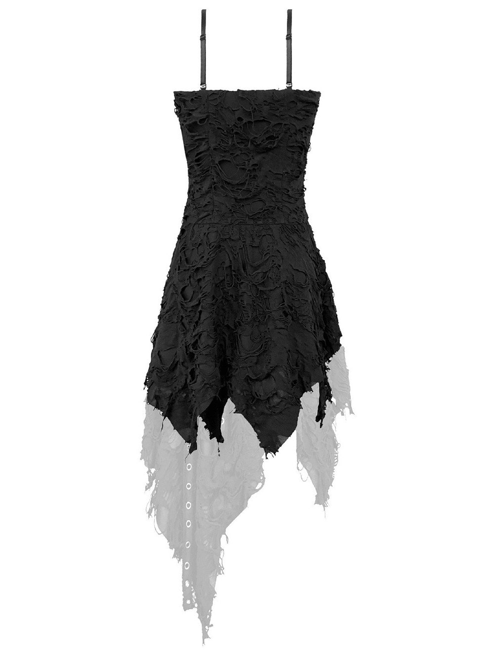Gothic dress with distressed texture and dramatic handkerchief hem.