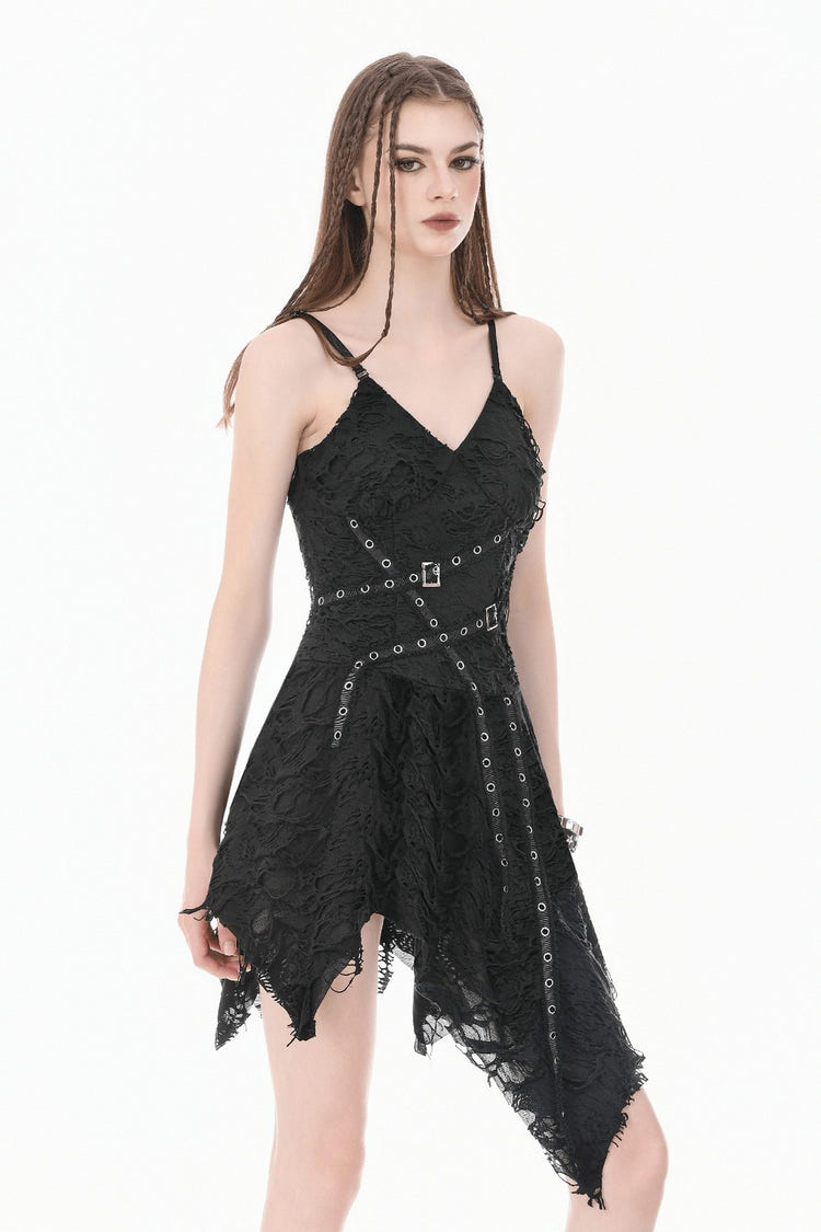 Black gothic dress with metal eyelet harness and shredded texture.