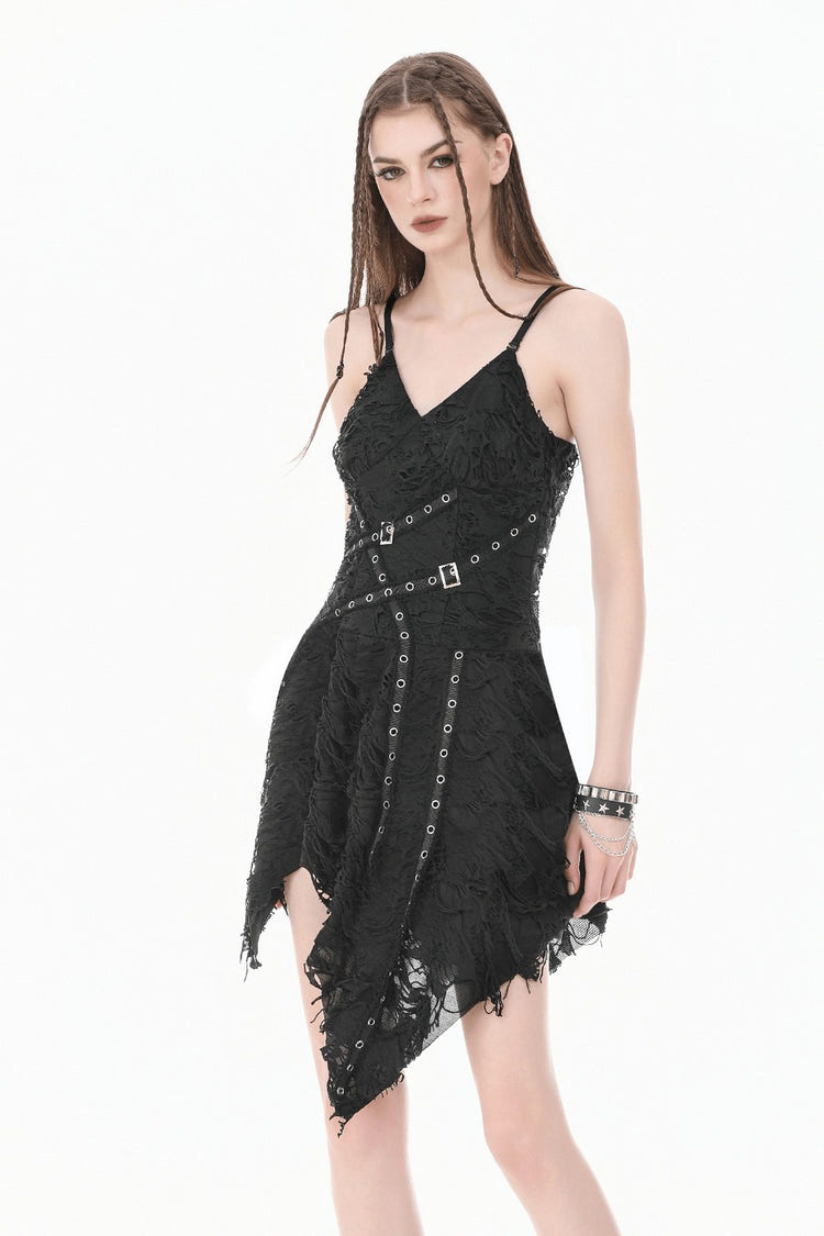 Punk-style asymmetric dress with distressed texture and eyelet details.