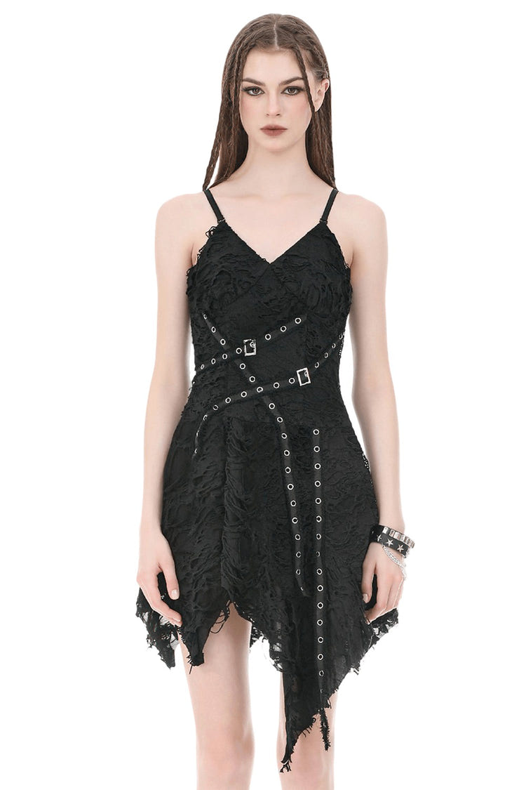 Gothic distressed asymmetric dress with shredded texture and eyelet detail.