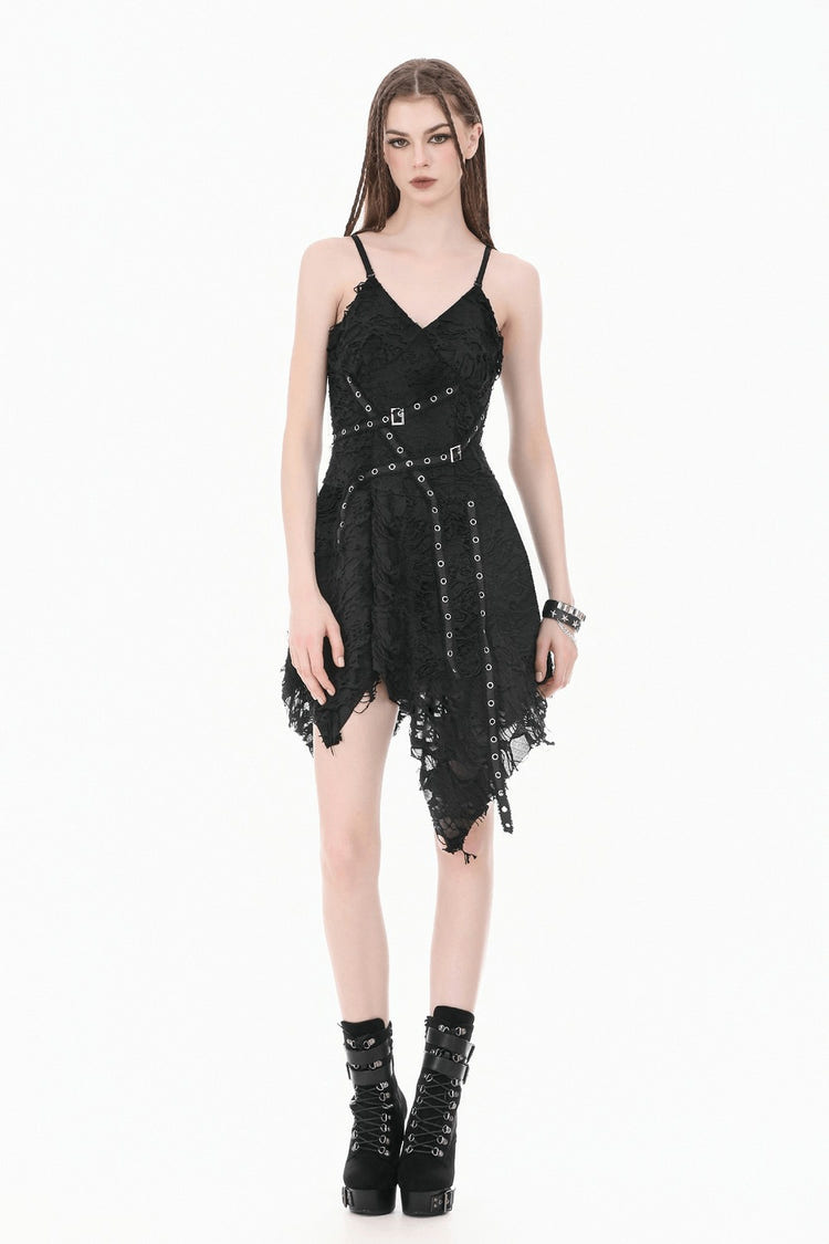 Model styling the gothic dress with punk platform boots.