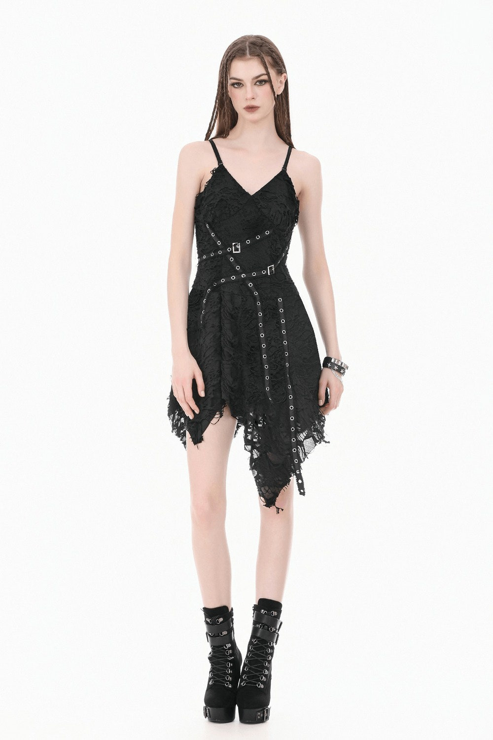 Model styling the gothic dress with punk platform boots.