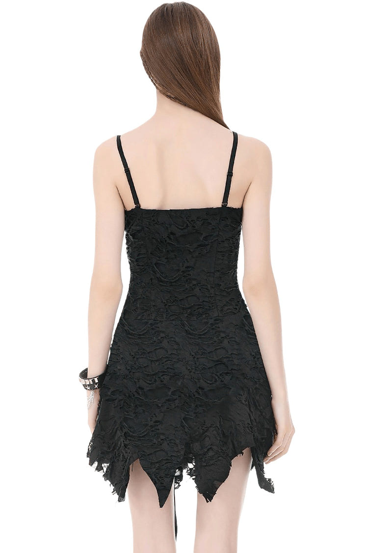 Back view of the black gothic asymmetric dress showing its shredded texture.