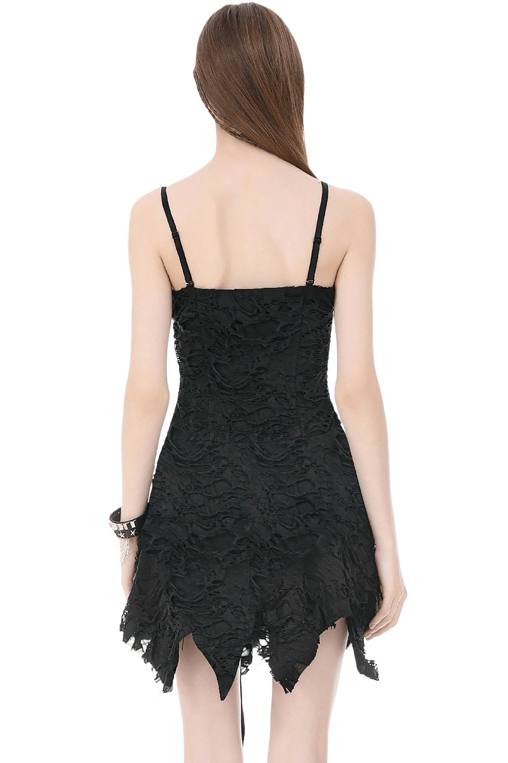 Back view of the black gothic asymmetric dress showing its shredded texture.