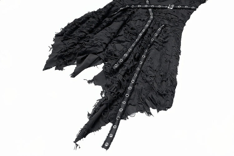 Close-up of silver-tone eyelets and distressed black texture.