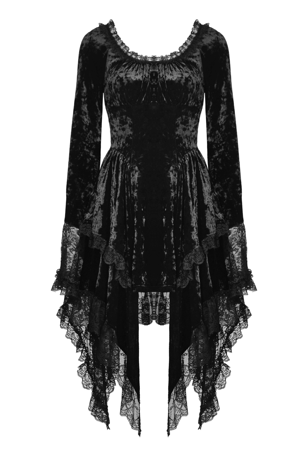 Gothic Dramatic Black Velvet Lace Asymmetrical Dress - image 4