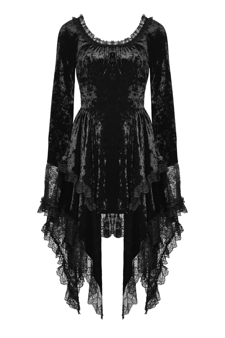 Gothic Dramatic Black Velvet Lace Asymmetrical Dress - image 4