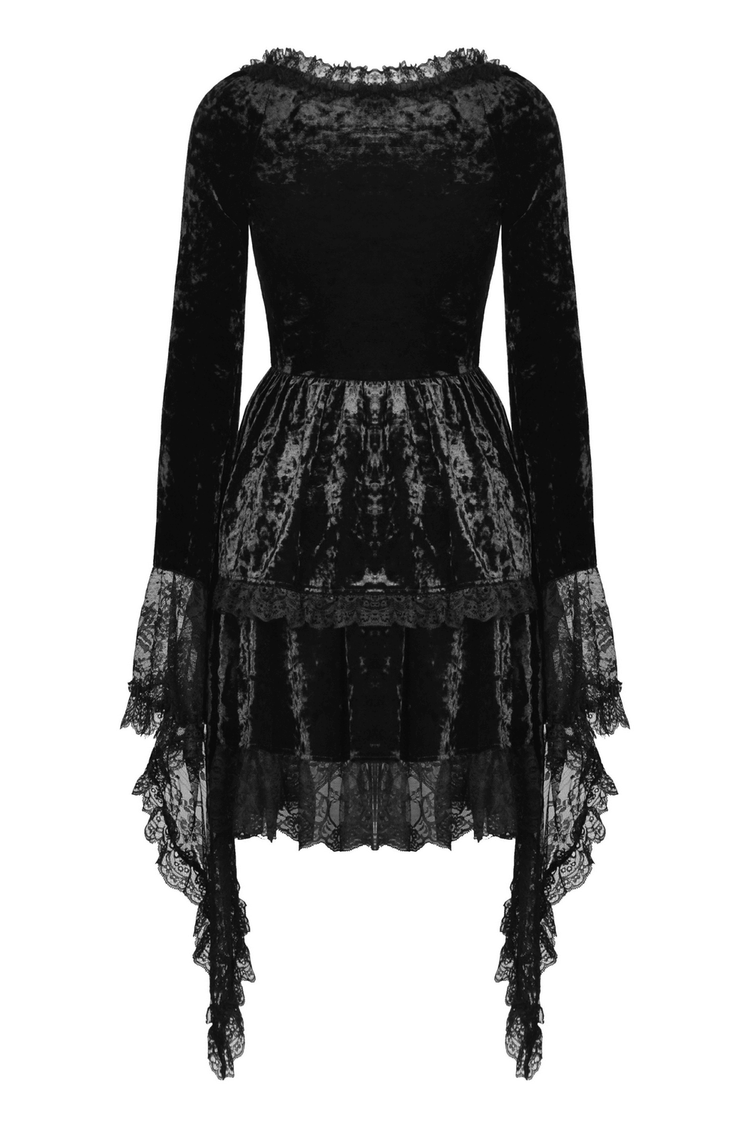 Gothic Dramatic Black Velvet Lace Asymmetrical Dress - image 5