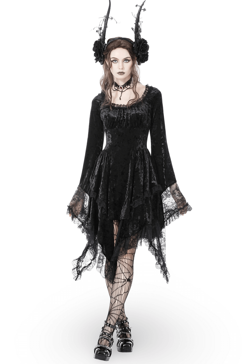 Gothic Dramatic Black Velvet Lace Asymmetrical Dress - image 1