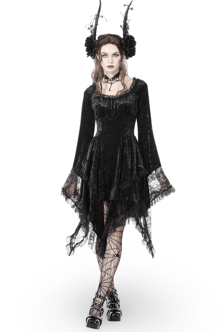 Gothic Dramatic Black Velvet Lace Asymmetrical Dress - image 1