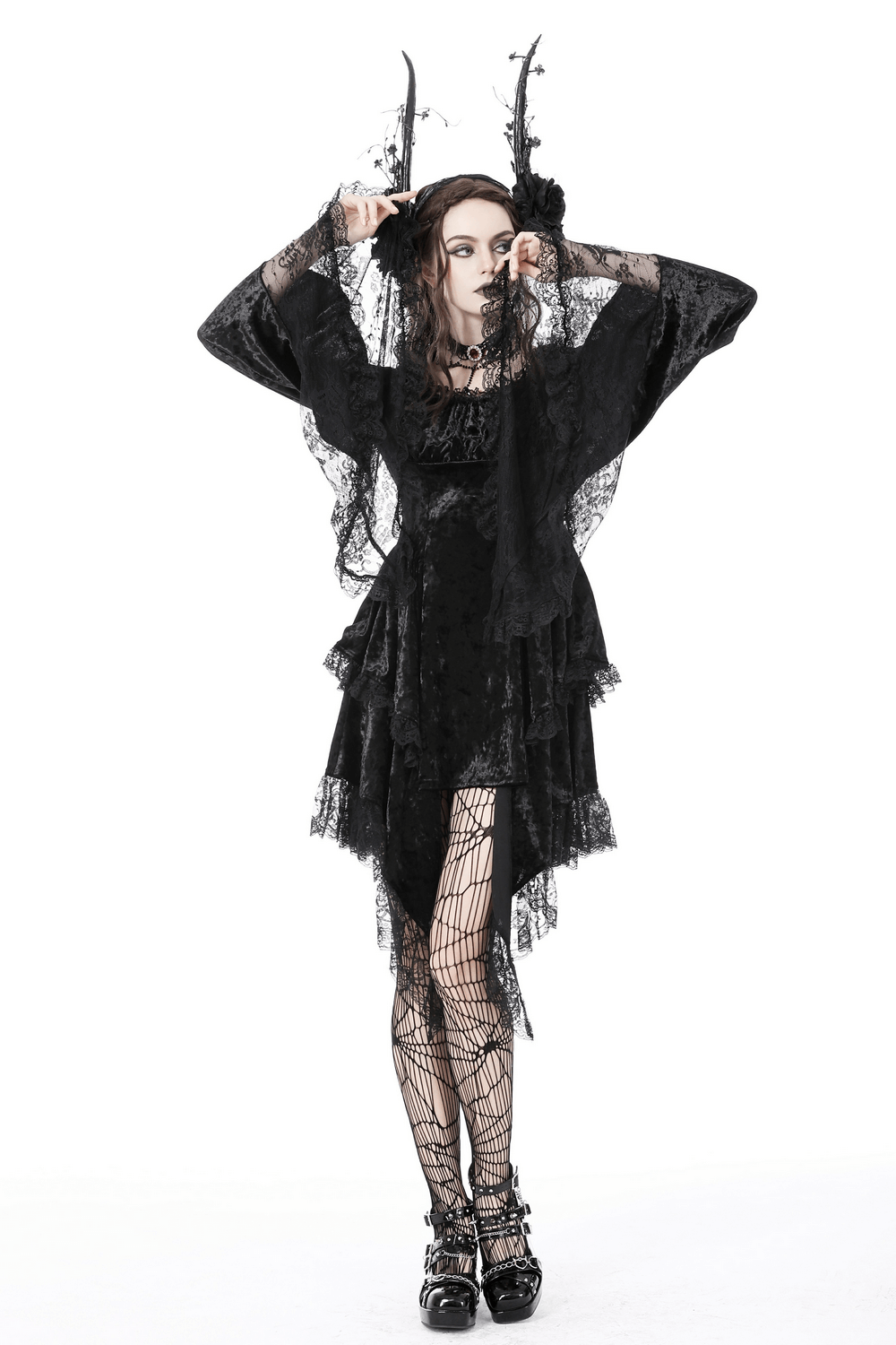 Gothic Dramatic Black Velvet Lace Asymmetrical Dress - image 15