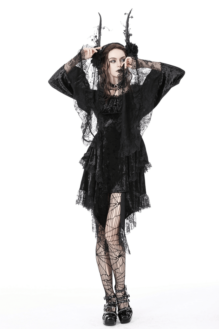 Gothic Dramatic Black Velvet Lace Asymmetrical Dress - image 15