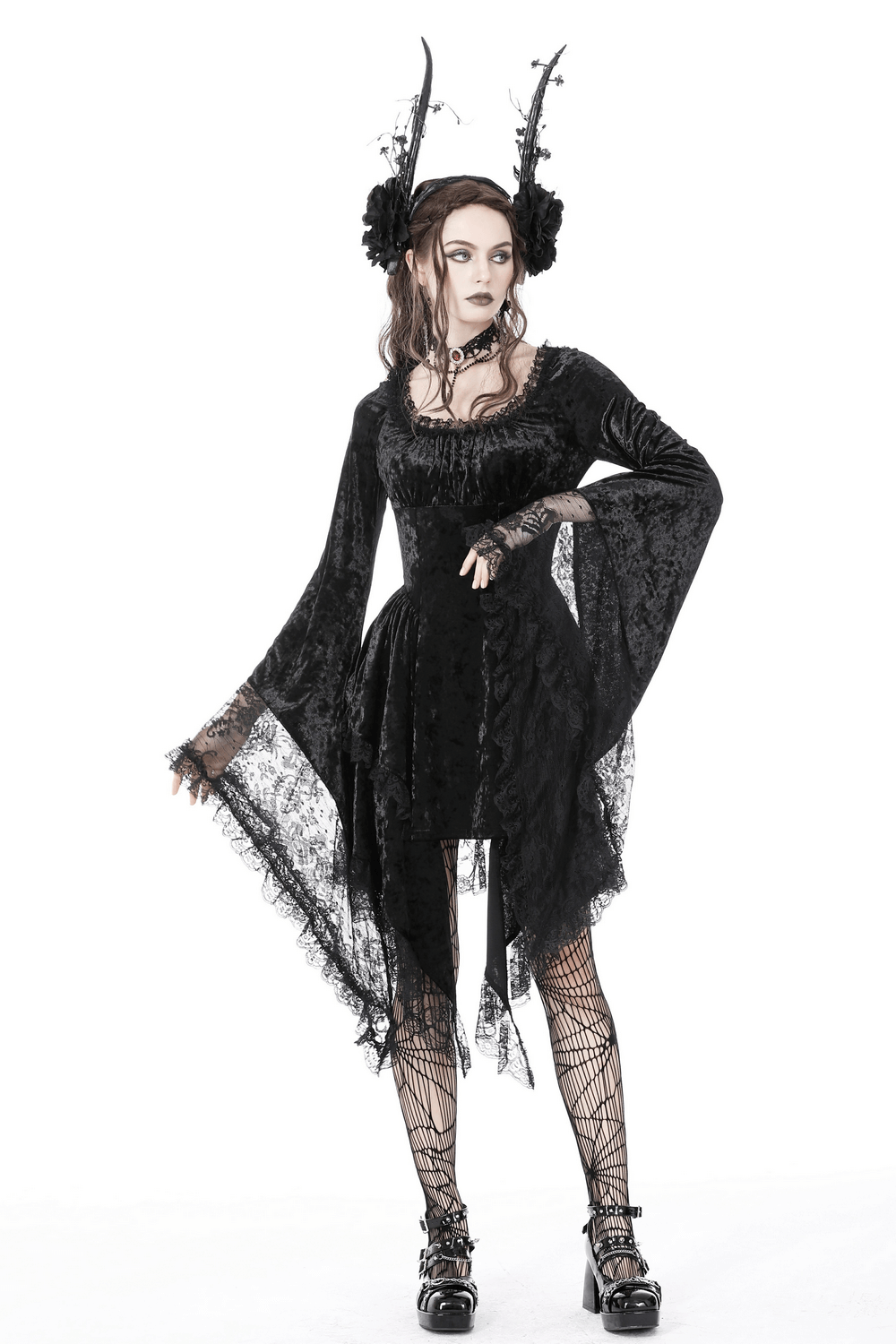Gothic Dramatic Black Velvet Lace Asymmetrical Dress - image 16