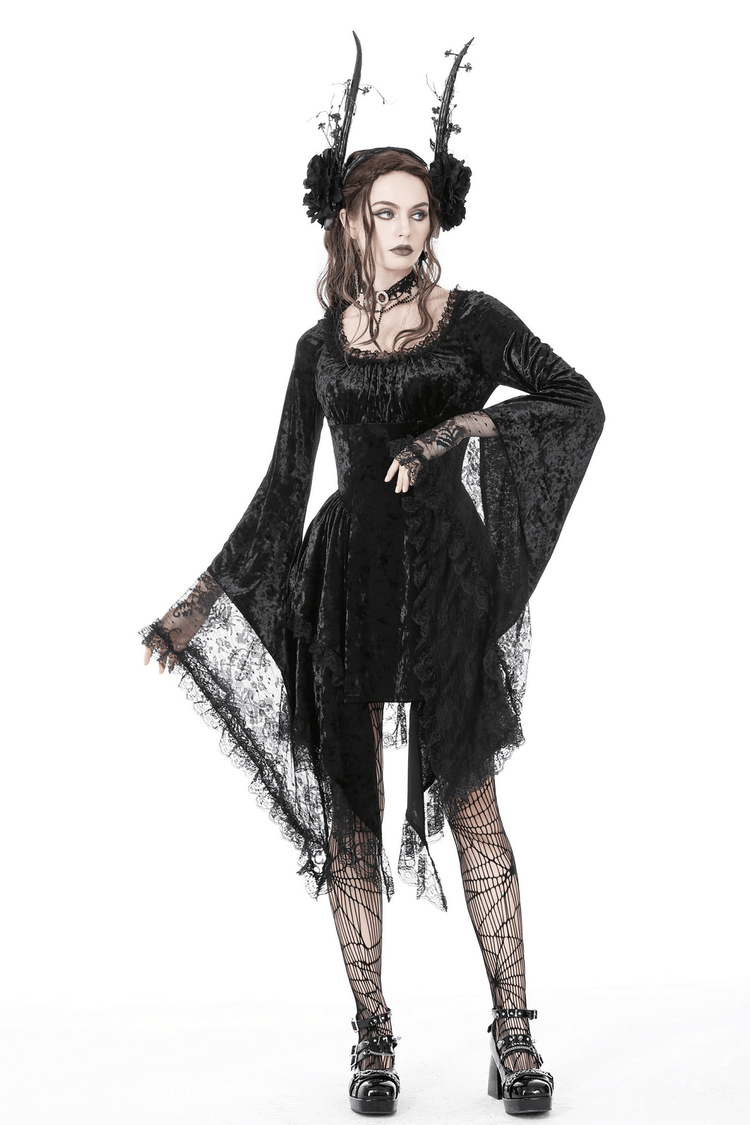 Gothic Dramatic Black Velvet Lace Asymmetrical Dress - image 16
