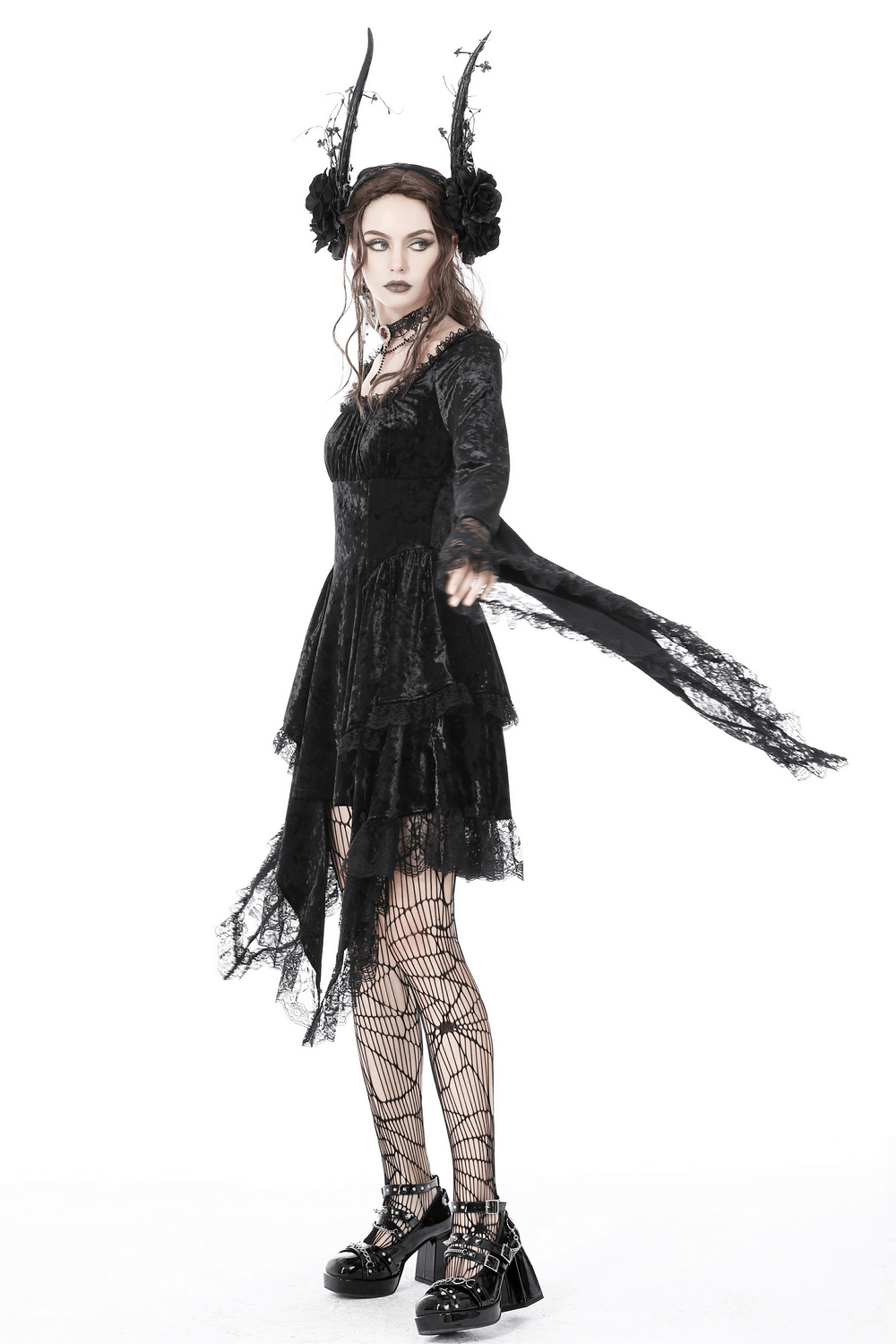Gothic Dramatic Black Velvet Lace Asymmetrical Dress - image 19