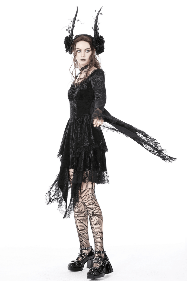 Gothic Dramatic Black Velvet Lace Asymmetrical Dress - image 19