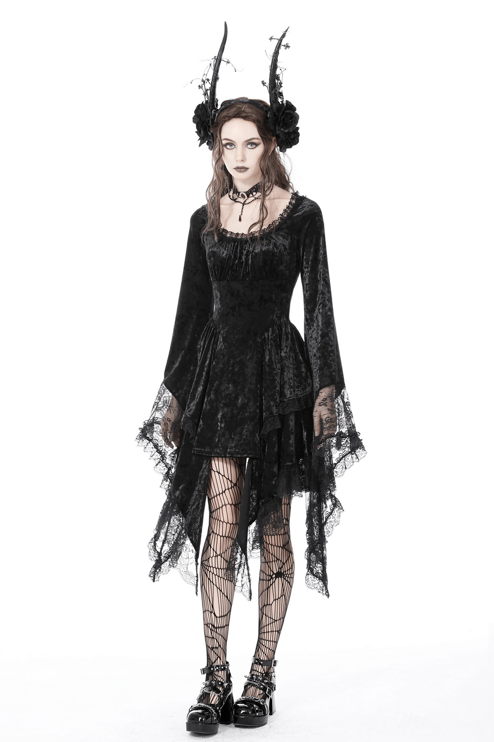 Gothic Dramatic Black Velvet Lace Asymmetrical Dress - image 17