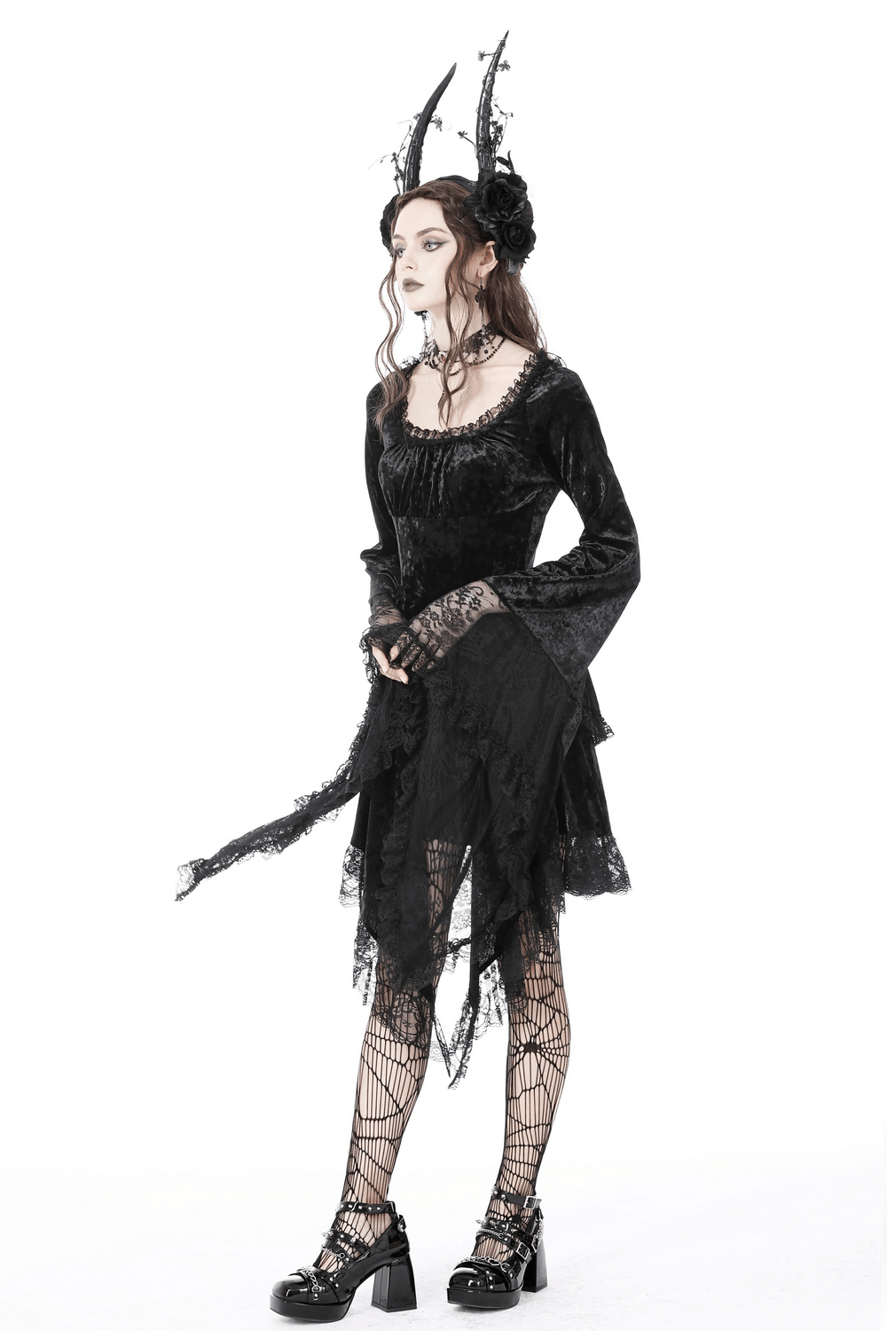 Gothic Dramatic Black Velvet Lace Asymmetrical Dress - image 20