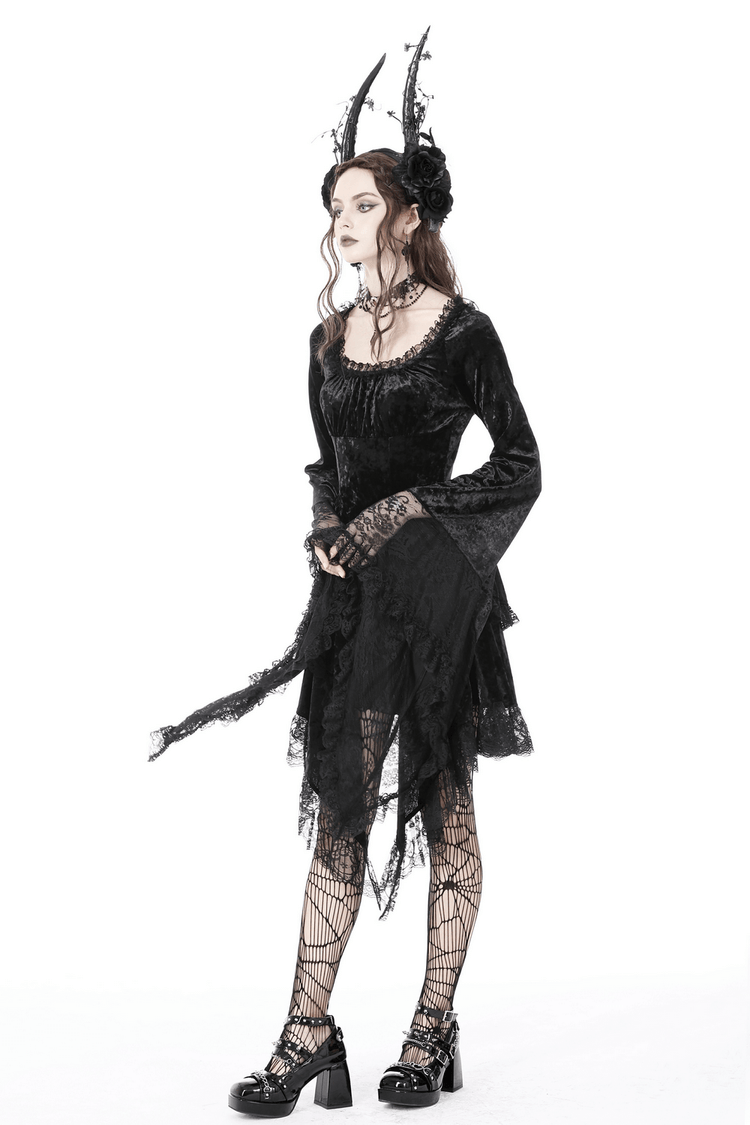 Gothic Dramatic Black Velvet Lace Asymmetrical Dress - image 20