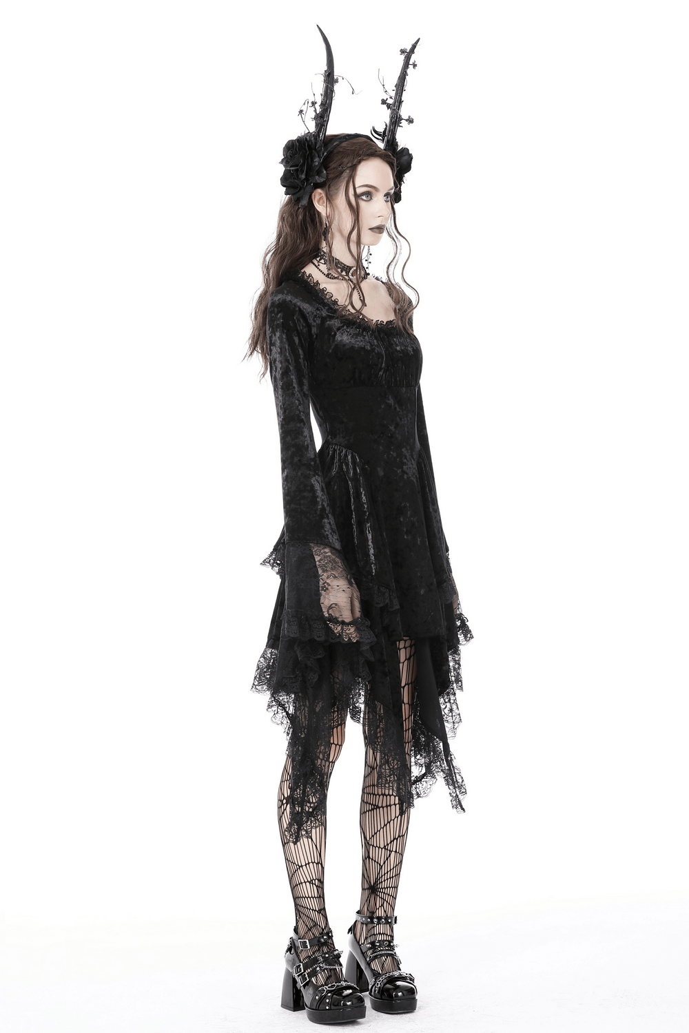 Gothic Dramatic Black Velvet Lace Asymmetrical Dress - image 18