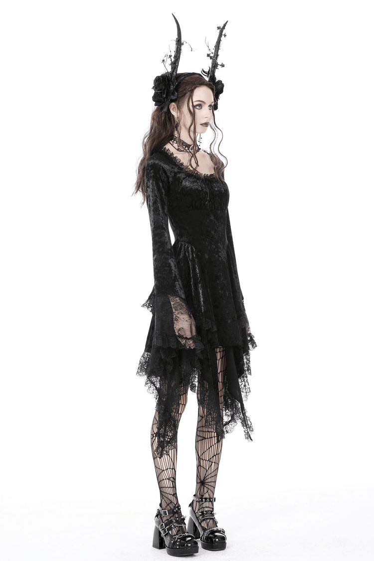 Gothic Dramatic Black Velvet Lace Asymmetrical Dress - image 18