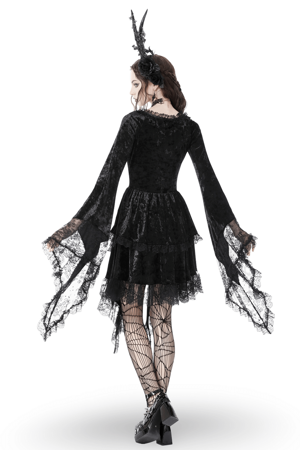 Gothic Dramatic Black Velvet Lace Asymmetrical Dress - image 2