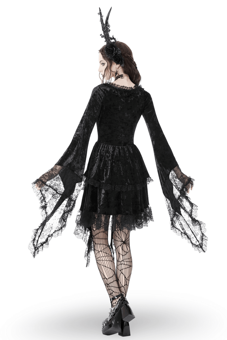 Gothic Dramatic Black Velvet Lace Asymmetrical Dress - image 2