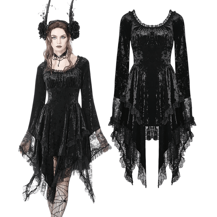 Gothic Dramatic Black Velvet Lace Asymmetrical Dress - image 3